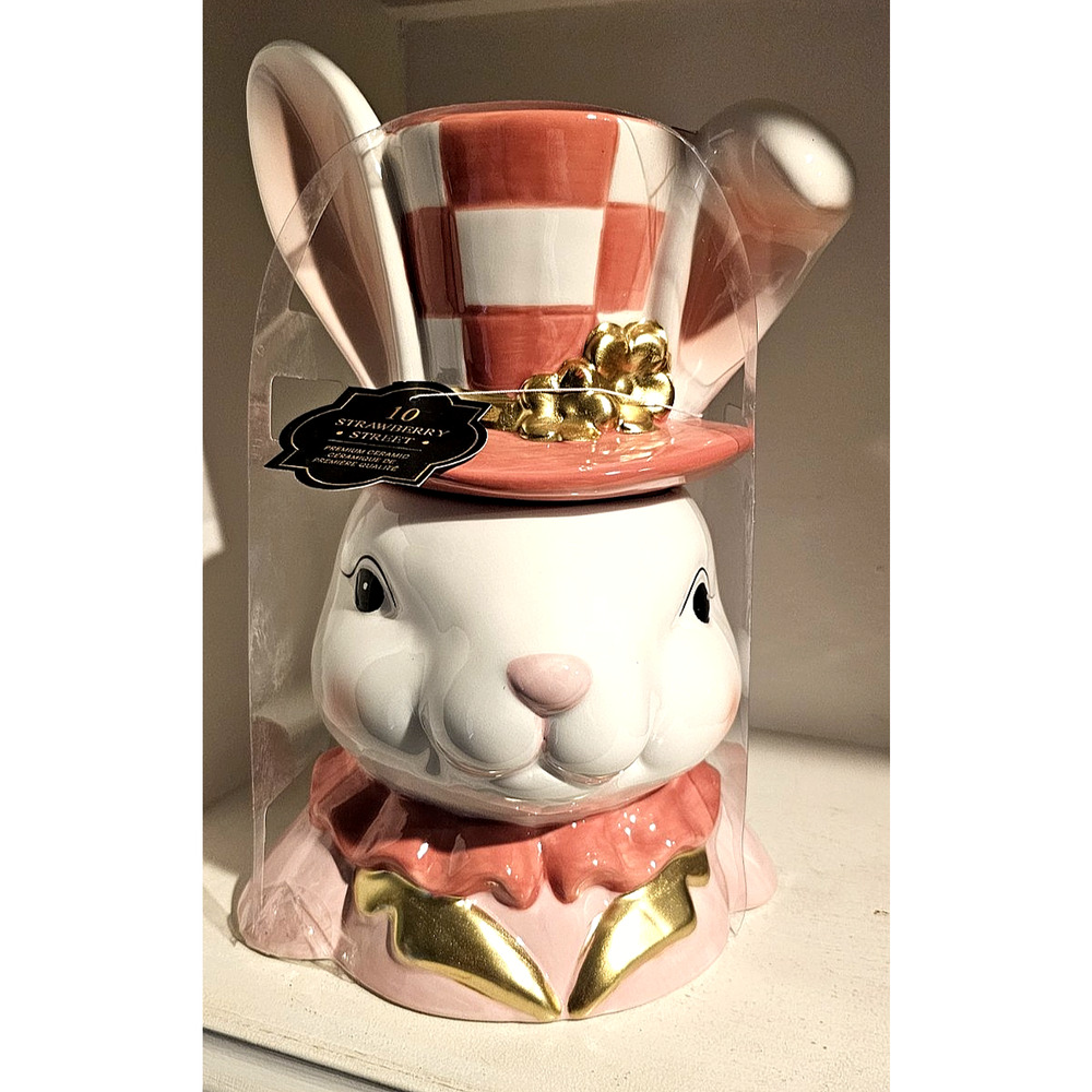Mackenzie Childs Inspired Easter Bunny with Checkered Hat Canister New LAST ONE
